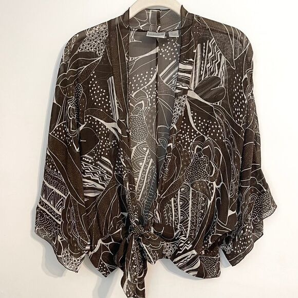 Chico's 100% Silk Sheer Brown and Cream Printed Layering Top - Picture 2 of 6